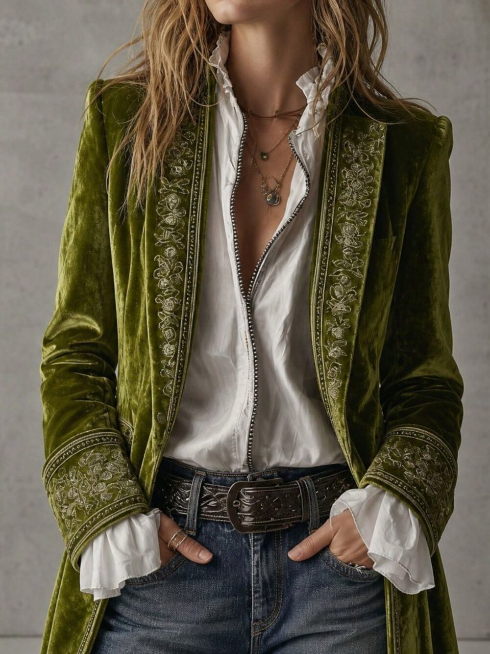 Olive Green Regular Elegant Women's Asymmetrical Zippered Flounced Blazer Jacket